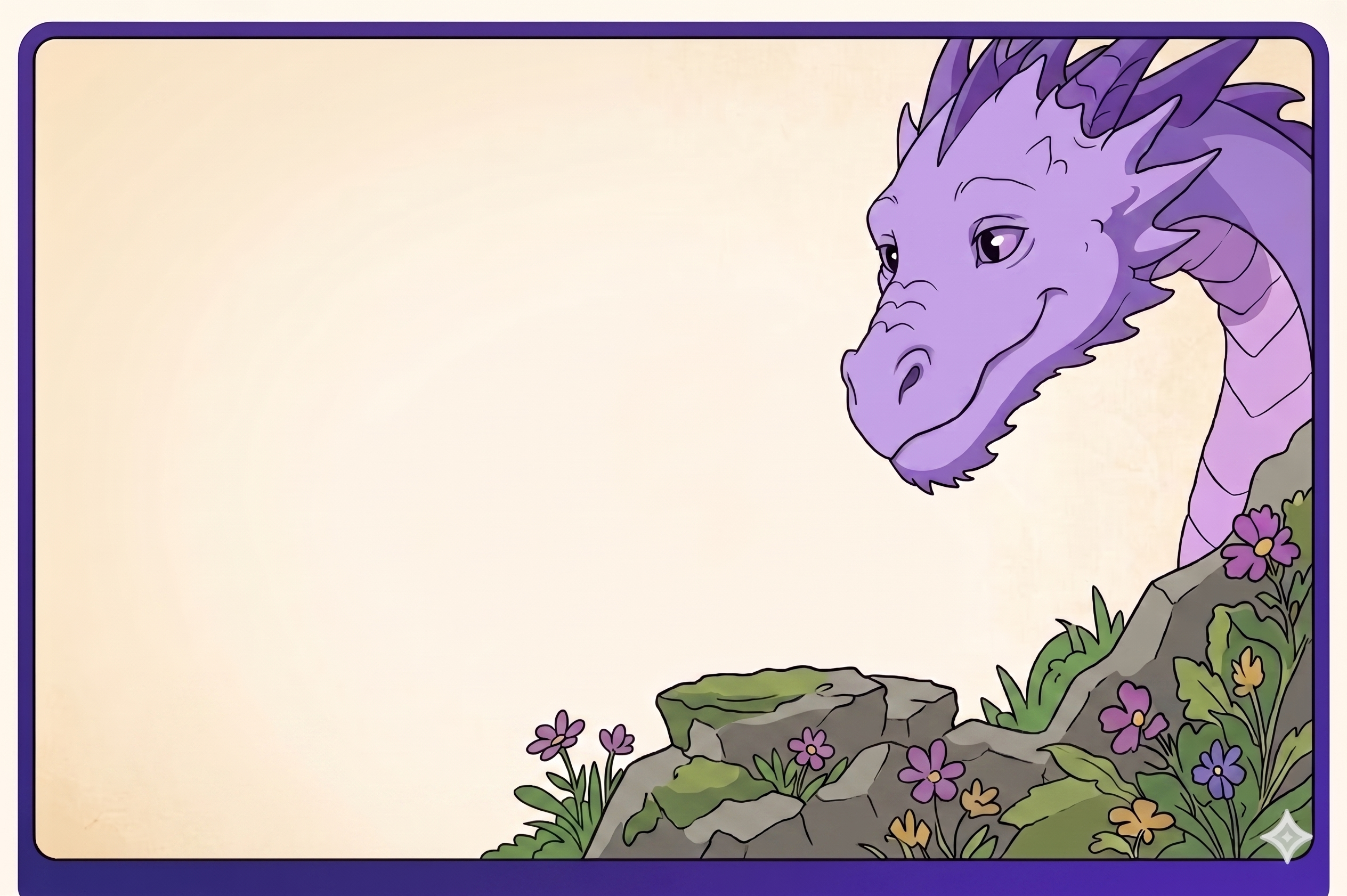 Relaxed purple dragon smiling over a rocky garden
