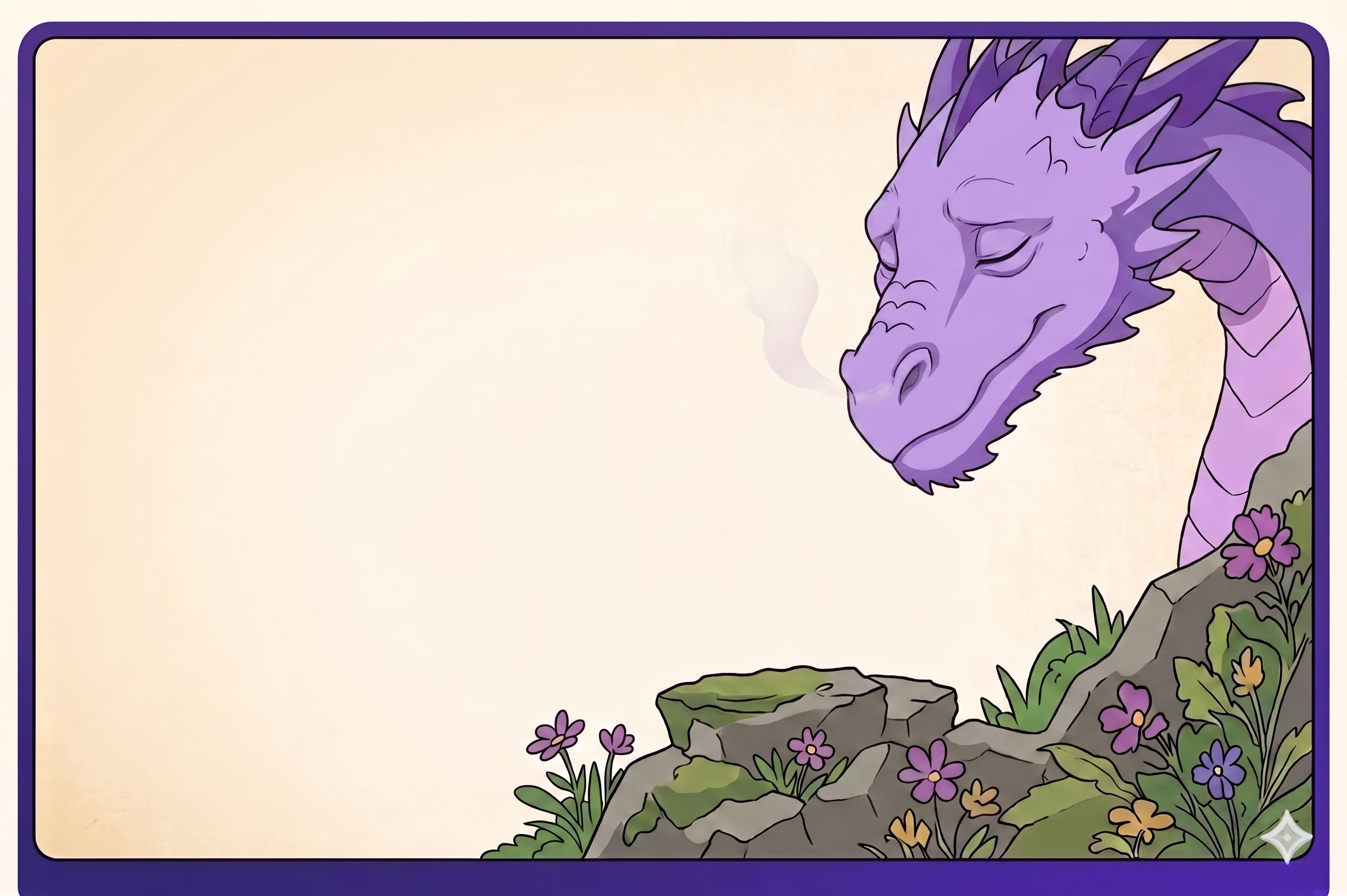 Sleepy purple dragon resting over a rocky garden